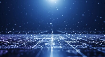 Futuristic digital network background with glowing particles and abstract grid on a dark blue surface representing data flow and technology.