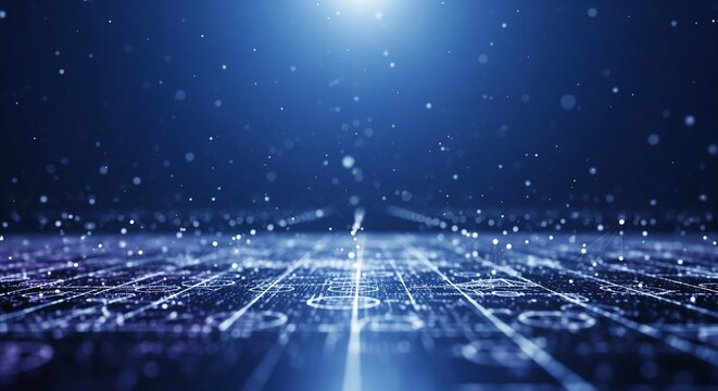 Futuristic digital network background with glowing particles and abstract grid on a dark blue surface representing data flow and technology.