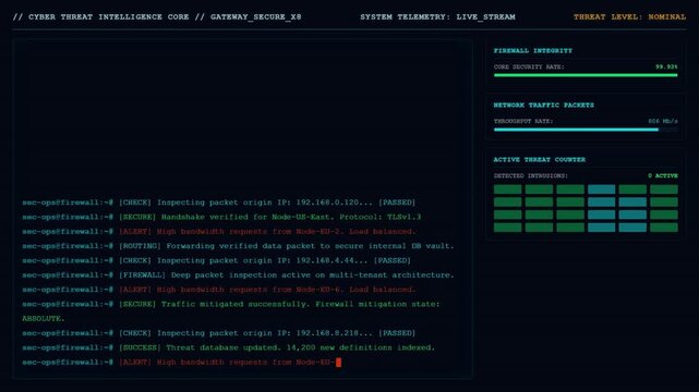Cyber threat intelligence secure gateway monitoring screen with digital computer terminal code tracking firewall metrics and network traffic packets dashboard.