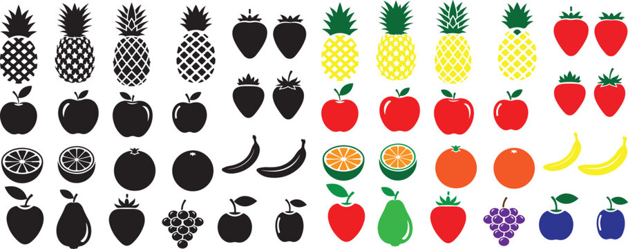 Isolated Fruit icons collection, pineapple strawberry apple, banana orange grape, and colorful vector set and silhouettes. Food symbols. Transparent Background