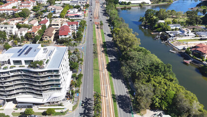 Aerial View of Gold Coast Cityscape with Nerang River and Light Rail