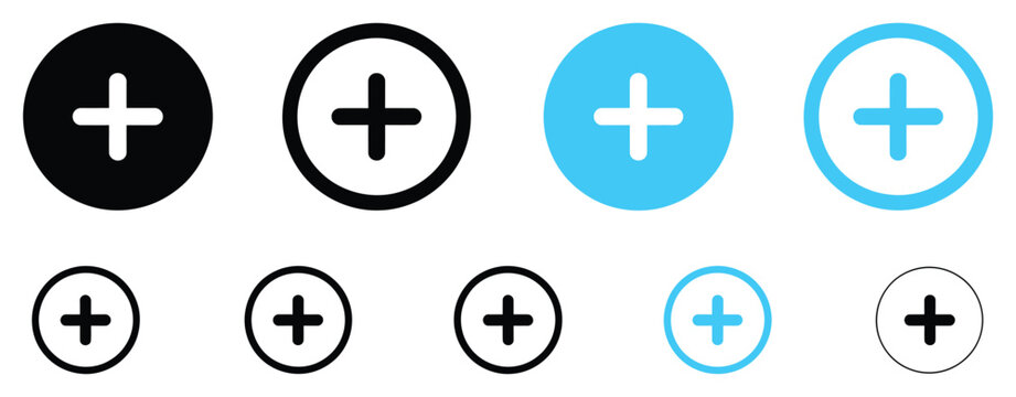 Add Plus Icon Symbol Set presenting create and more button icons in filled, outline, thin line and stroke styles for applications and website design
