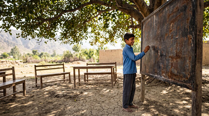 Fototapeta premium Young Student at Outdoor Village Classroom Blackboard