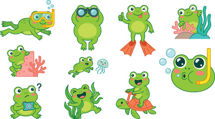 Fototapeta premium Cute Cartoon Frog Character Sticker Set with Funny Ocean Adventure Poses for Kids, Emoji, and Sticker Pack Designs