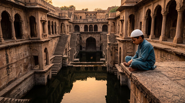 Young Boy at Historic Stepwell and Ancient Architecture
