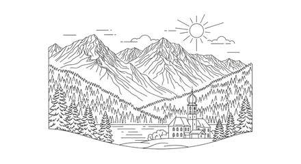 Naklejka premium Mountain landscape with trees and building.