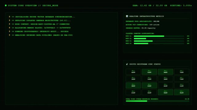 System core overview monitoring screen with green digital computer terminal code tracking real time infrastructure metrics and security data dashboard.