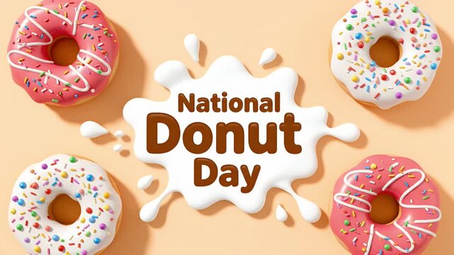 National Donut Day banner with colorful glazed doughnuts on a soft orange background