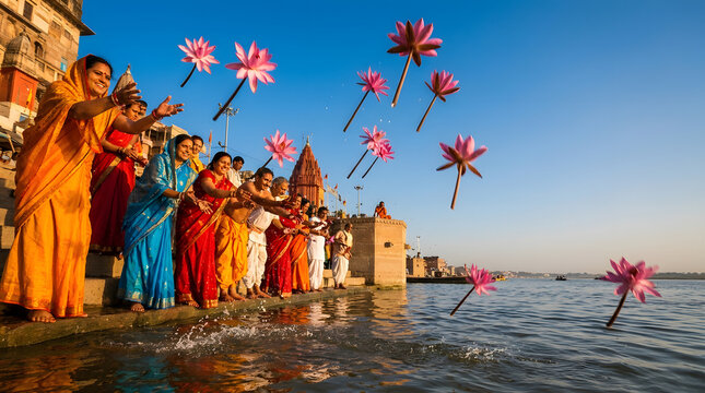 Ganga dussehra celebration with devotees throwing lotus into river