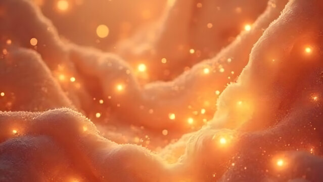 Fluffy coral cloud formations with glowing golden bokeh sparks