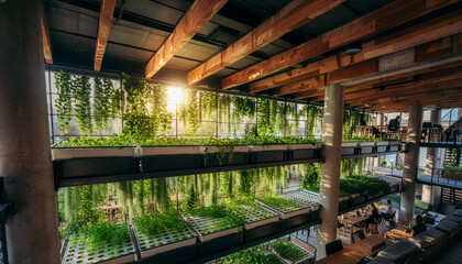 Fototapeta premium Multi-level indoor farm in a modern office building with lens flare