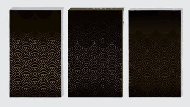 Art deco scallop shell pattern displayed on three rectangular tiles golden lines on a dark background geometric fan
