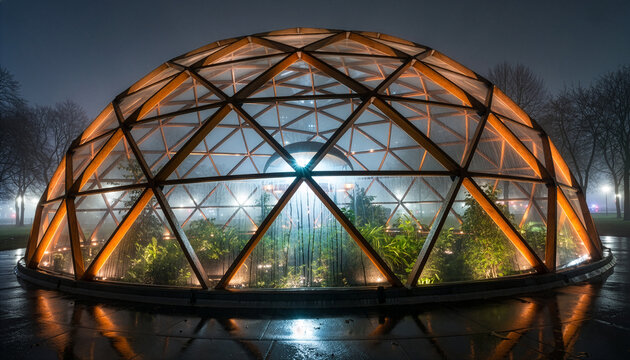 Geodesic Dome Greenhouse Glowing at Night Against Blue Sky