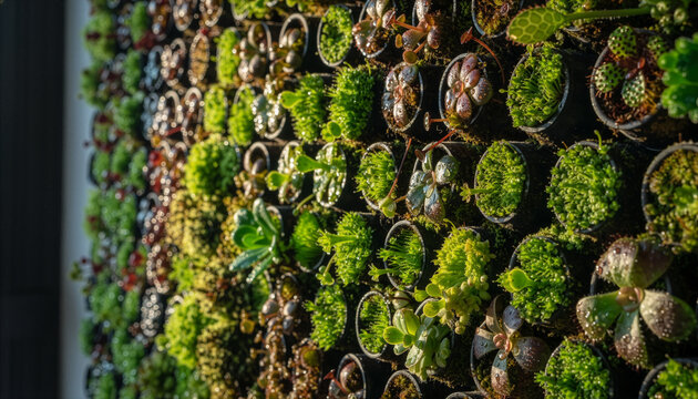 Close-up High-Angle of Dewy Vertical Garden Wall with Succulents