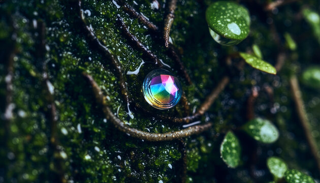 Extreme Close-up of Rainbow Crystal Orb in Wet Moss