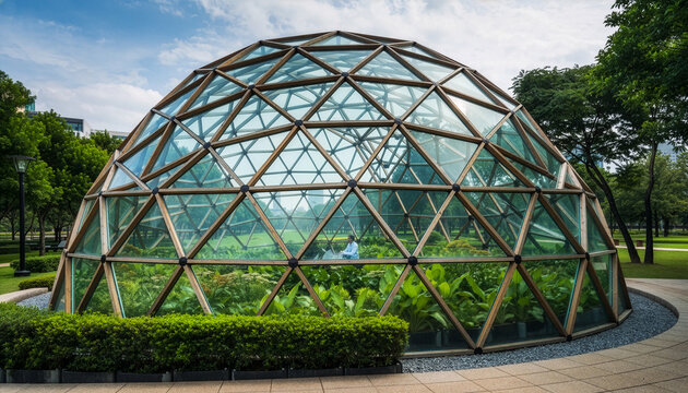 Geodesic Dome Greenhouse in Urban Park with Gardener