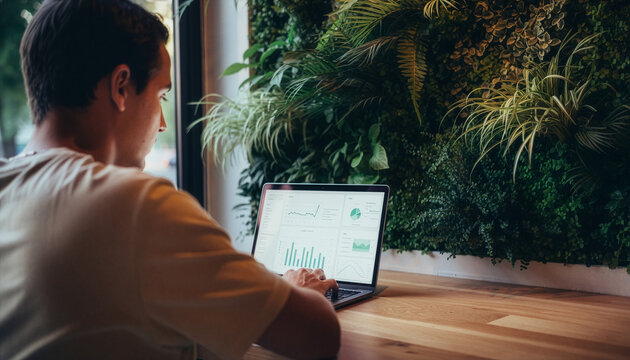 Man Working on Laptop with Data Visualizations Against Vertical Garden