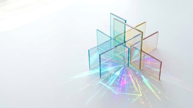 Glass panels casting colorful refracted light on a white surface