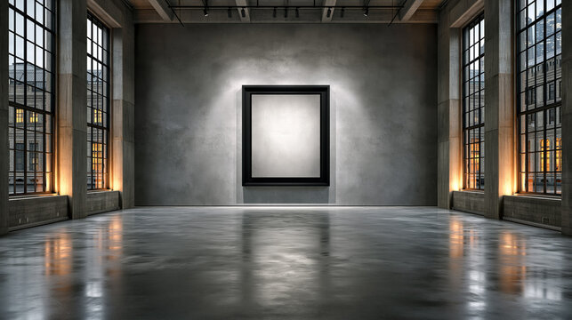 A precise centered perspective photograph of an expansive gallery interior, featuring a large black picture frame centered on a wall between industrial-style windows.