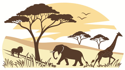 African safari wildlife silhouette landscape with lion elephant and giraffe © Kya