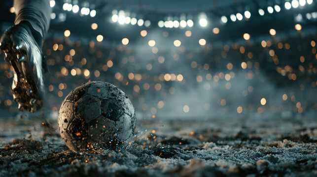 A low-angle, wide-field shot from the touchline of a soccer player kicking a ball in a stadium, with glowing dust particles and bright stadium lights in the background.