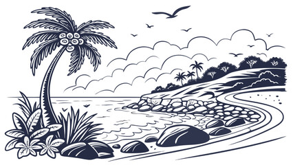 Obraz premium Black and white tropical beach landscape with palm tree and ocean waves