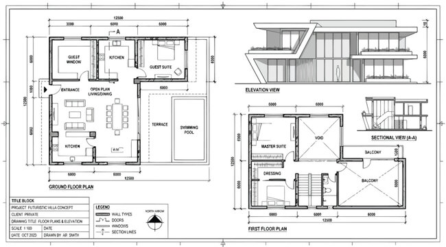 Architectural floor plan and elevation drawings for a modern twostory residential house design