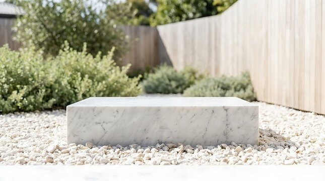 Empty white quartz marble plinth in modern minimalist garden with greenery and natural light