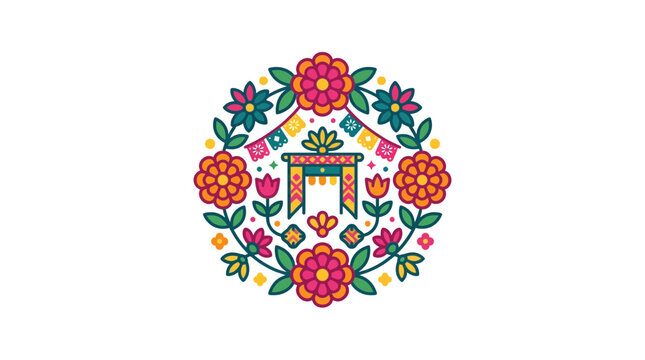 Colorful Floral Altar Ofrenda Decoration with Papel Picado - Dia de Muertos Design