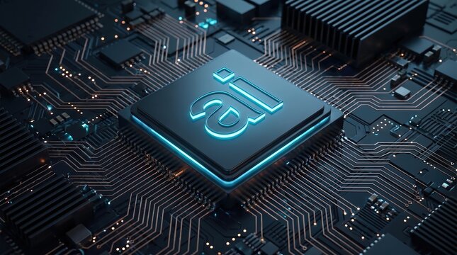 Glowing microchip with artificial intelligence logo on a dark circuit board, future tech background.