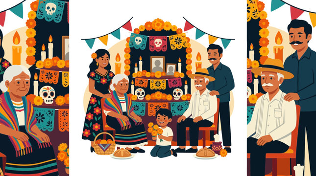 Mexican Family Celebrates Day of the Dead Altar (Dia de Muertos) with Decorations and Offerings
