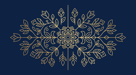 Elegant floral mandala pattern with symmetrical botanical elements in gold line art on dark blue background © S.Siam