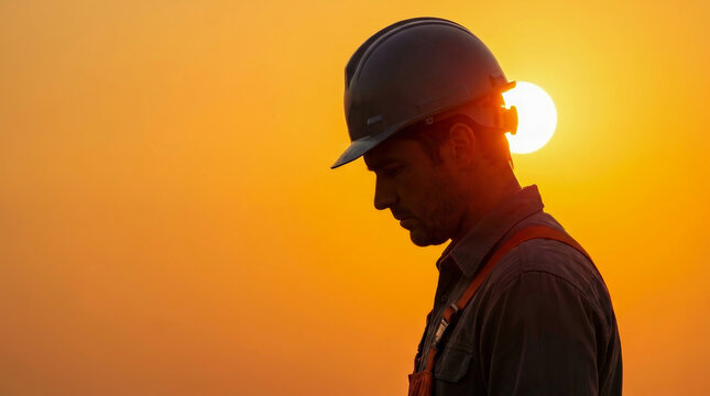 Exhausted worker heat construction sunset silhouette helmet safety. labor fatigue stress. effort thirst sweating, safety industry, sun hot