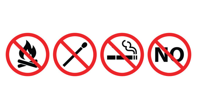 No Smoking No Fire Signs Icons Set for Health Safety Regulations and Hazard Prevention