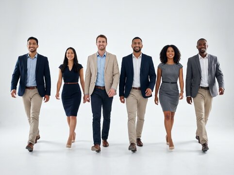 Group of coworkers walking forward, seamless white background, business casual fashion