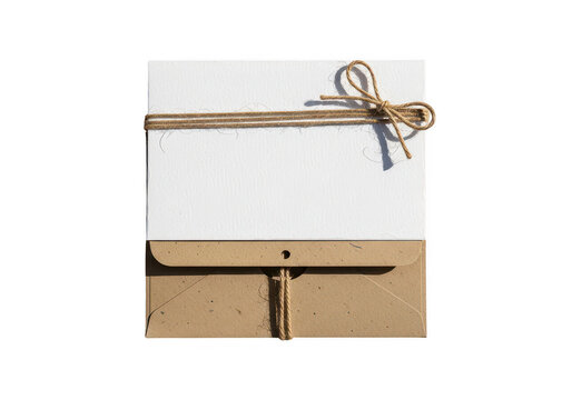 A small white gift box wrapped with rustic natural twine string on brown paper isolated on transparent background