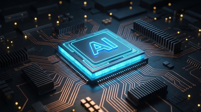 Close up of a futuristic microchip with a glowing blue AI symbol on a dark circuit board, modern computer hardware.