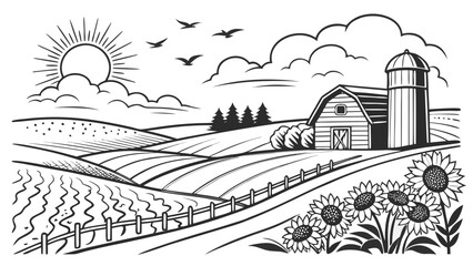 Farm landscape with sun barn and sunflower field line art landscape sunflower © Vol