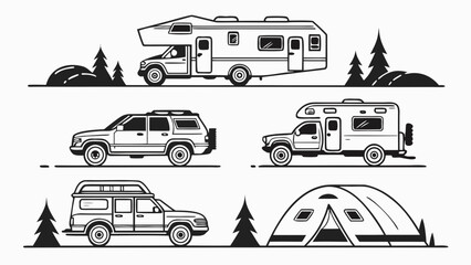 Outdoor adventure vehicles and camping tent line art with adventure, roadtrip © Vol