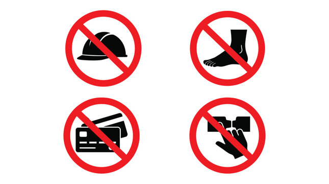 Prohibited Items Icons Set with No Camera No Credit Card No Hard Hat Symbols