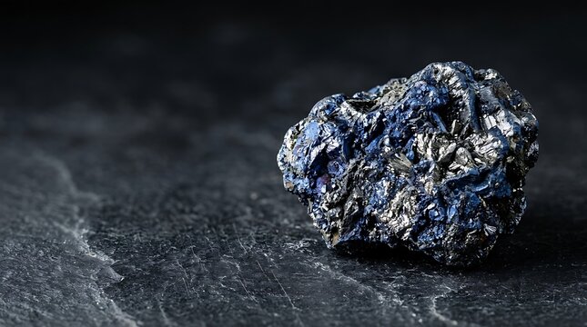 Raw Cobalt Mineral Stone on Dark Slate Surface, Metallic Blue and Silver Ore