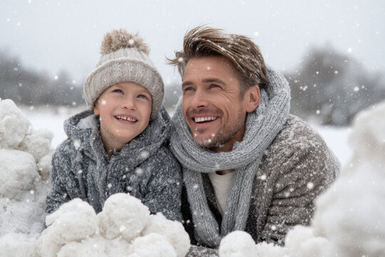 father and son embrace tranquility of winter park as they gaze at gentle snowfall