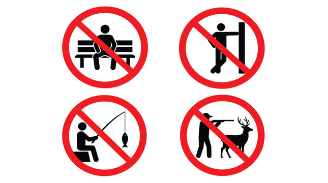 Prohibited Activities Icons Set with No Sitting, Standing, Fishing and Hunting Signs