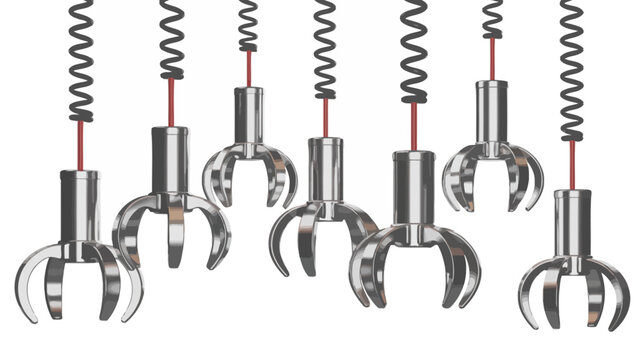 Robotic Claw Assembly Line: A row of industrial robotic claws suspended from coiled springs, poised and ready to assemble or sort components, symbolizing automation and manufacturing.