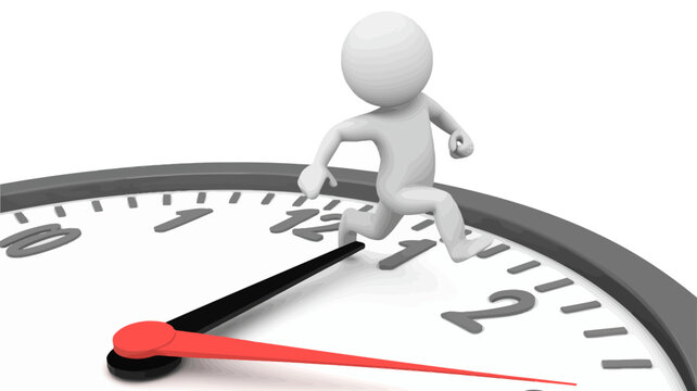 Time Crunch Sprint: A 3D white figure sprints across the face of a large clock, symbolizing the urgency and pressure of a tight deadline. The red second hand races towards the '12'.