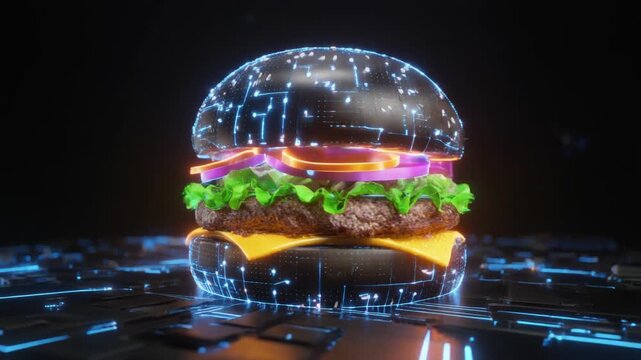 Futuristic holographic hamburger glowing with digital circuit patterns, merging food culture and cyber technology in a striking sci‑fi aesthetic