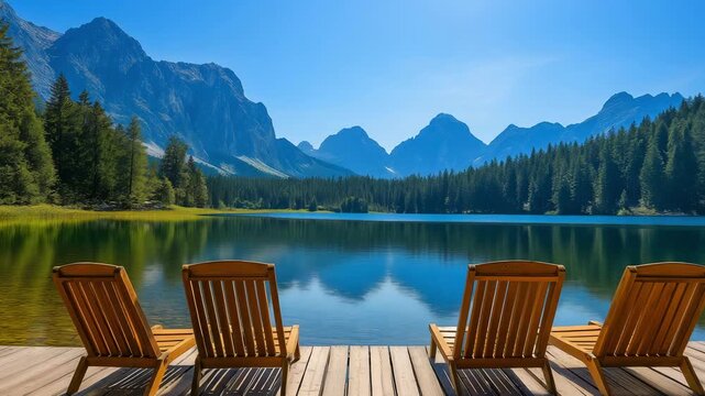 Chairs are set up in front of a calm lake surrounded by trees and mountains in clear weather