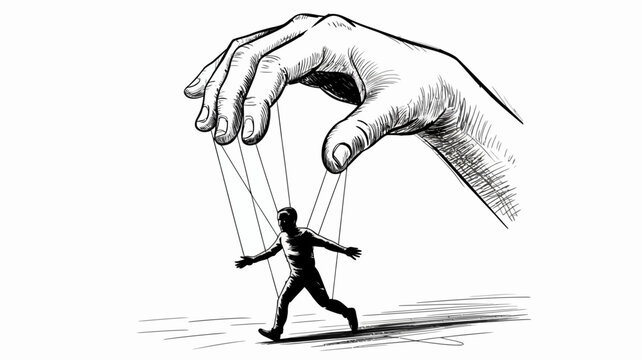 Puppet Master's Grip: An illustration depicts a large hand manipulating a small human figure with strings, symbolizing control and lack of free will.