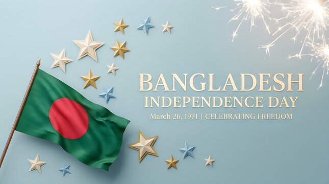 Bangladesh independence day celebration with national flag stars and festive fireworks display for patriotic events