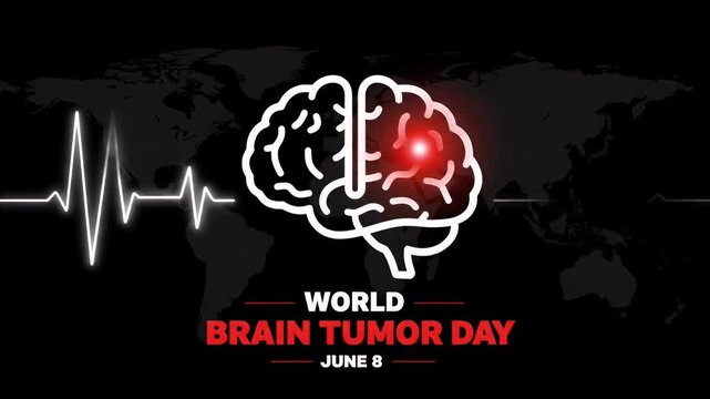World brain tumor day concept with a glowing brain and heartbeat line on a world map
